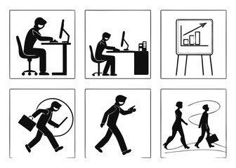 Silhouettes of business professionals working and commuting