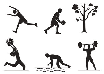 Silhouettes of people engaging in various sports and fitness activities