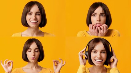 A young woman showcases her range of emotions with joyful, anxious, relaxed, and excited expressions. The bright yellow background enhances the vivid feelings she conveys in each frame.