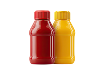 Ketchup and mustard bottles, vivid, next to each other, isolated background
