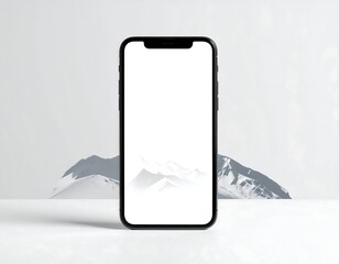 Smartphone mockup with clean white screen over a mountain scene backdrop
