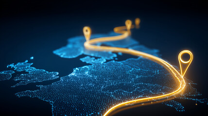 A glowing digital route across a world map representing global logistics optimization smart navigation and international connectivity networks.
