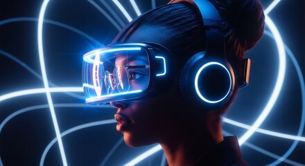 Young person immersed in the future of entertainment with cutting-edge virtual reality technology, experiencing a vibrant digital world with advanced headset and futuristic neon lighting