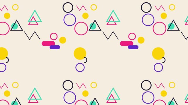 Modern colorful abstract retro geometric shapes animation memphis style seamless pattern loop background motion