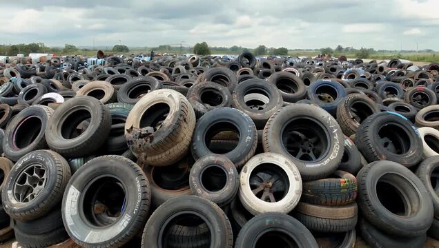 Aerial 4K drone footage of massive pile of hundreds of tires stacked together landfill emphasizing environmental impact industrial scale detailed 