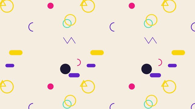 Modern memphis style colorful geometric shapes moving in abstract pattern background motion graphic