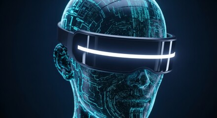 Futuristic digital head with glowing VR glasses, representing advanced artificial intelligence, virtual reality, and the evolving metaverse concept