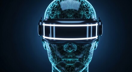 Futuristic digital human head wearing sleek virtual reality headset, symbolizing advanced technology, artificial intelligence, and the expansive metaverse experience