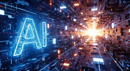 Futuristic digital pathway illuminated by a prominent glowing AI text, symbolizing advanced artificial intelligence, machine learning concepts, and the future of technology and data processing