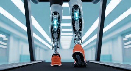 The fusion of human athleticism and cutting-edge engineering bionic prosthetic legs with glowing components enabling a runner on a high-tech treadmill in a futuristic setting