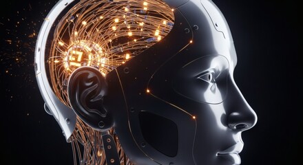 Futuristic depiction of a human-like robot head with intricate glowing neural networks, symbolizing advanced artificial intelligence, data processing, and the future of machine learning technology
