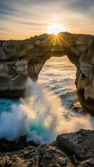 Natural Sea Arch with Sunrise and Crashing Waves