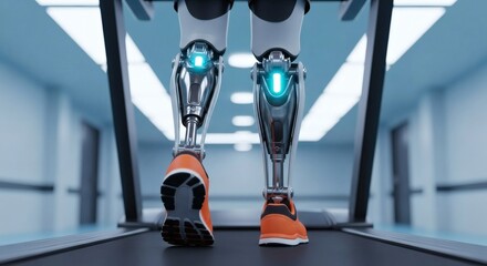 Futuristic bionic prosthetic legs, enhanced with glowing technological components, actively engage in a controlled workout on a modern treadmill, representing innovative human augmentation