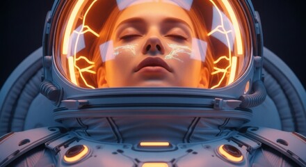 Futuristic vision of an astronaut in deep meditation or a suspended state within a glowing, high-tech helmet, embodying the intersection of human consciousness and advanced space exploration