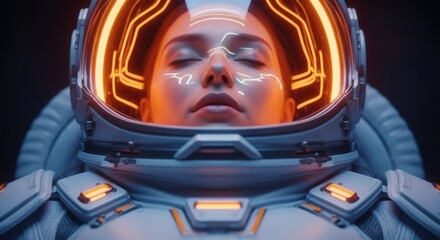 Captivating Vision of an Astronaut Immersed in Advanced Neural Interface Technology within a Glowing Sci-Fi Helmet, Exploring Frontiers of Consciousness in Deep Space