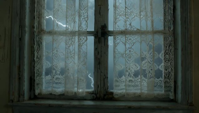Cinematic 4K footage of lightning silhouettes flashing through old lace curtain covered windows creating dramatic atmospheric effect perfect moody stormy scene 
