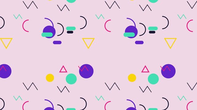 Animated abstract memphis design background with colorful moving geometric shapes pattern loop