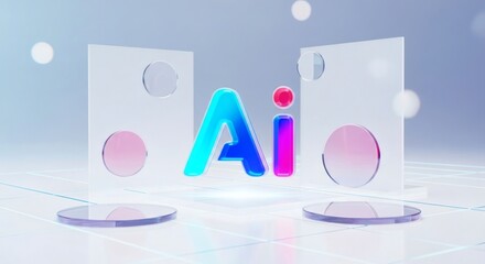 Vibrant 3D rendered 'AI' text with luminous gradient colors, set in a futuristic digital environment with abstract glass elements, representing artificial intelligence and innovation