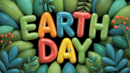 3D colorful bubble letters spell EARTH DAY surrounded by vibrant green leaves and red berries