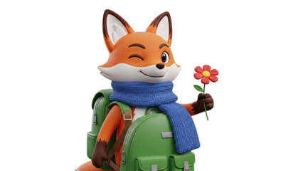 Cartoon Fox with Backpack and Flower