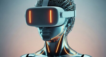 Visionary depiction of a metallic humanoid figure experiencing virtual reality, showcasing advanced robotics and the immersive future of digital interaction and artificial intelligence