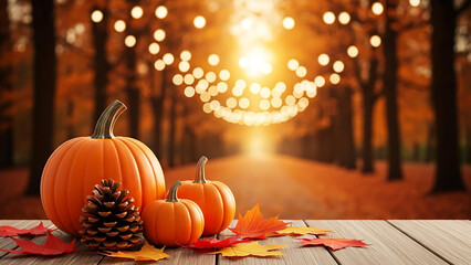 Autumn Pumpkins and Colorful Leaves on Wooden Table with Golden Bokeh Lights Background