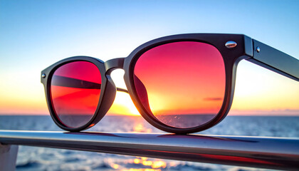 Sunset Spectacles: An enchanting pair of sunglasses captures the vibrant hues of a breathtaking sunset, mirroring the warm colors of the horizon and sky on the lens.