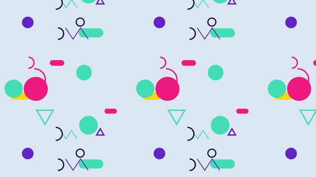 Vibrant abstract memphis pattern with colorful geometric shapes animating in a seamless loop
