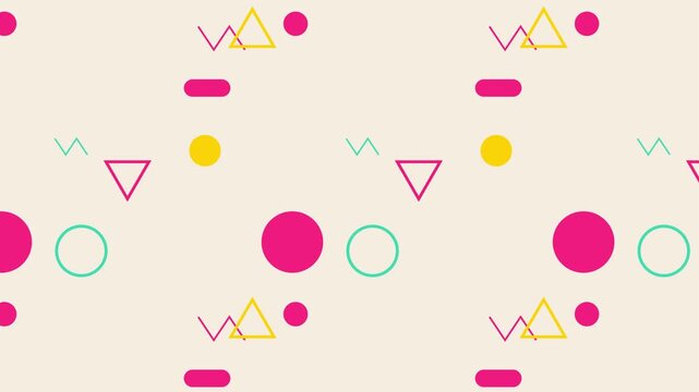 Vibrant retro memphis style geometric pattern animation with colorful shapes looping motion