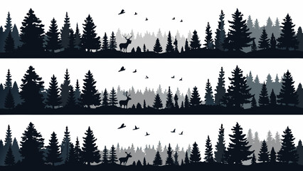 Silhouetted forest landscape with deer and birds a tranquil nature scene © Amrita