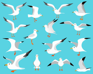 Fototapeta premium A playful pattern of flying seagulls against a bright blue background