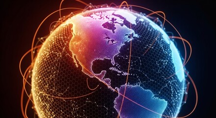 Vibrant digital Earth globe illustrating global network connectivity, technological communication, and international data exchange across continents with interconnected lines