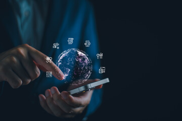 Digital marketing business concept, businessman with Ecommerce market strategy, SEO, advertising plan, AI technology analysis economic trend, global business search engine.