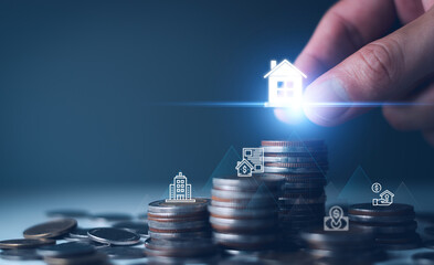 Real estate property investment concept, stacking coins and model house increasing, invest real estate property, house, apartment, office, property tax and Inflation Insurance