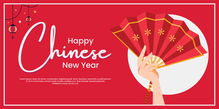 Chinese New Year Banner with Hand Holding Folding Fan