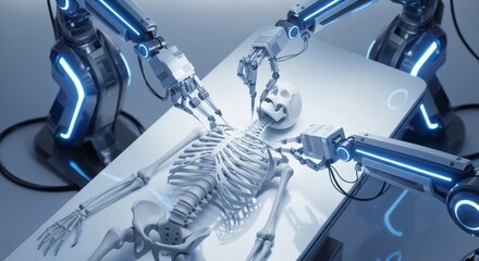 Robotic Arms Performing Futuristic Medical Procedure on Human Skeleton