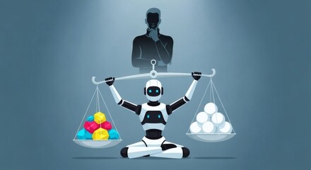Artificial Intelligence vs Human Thinking A Balance of Logic and Creativity Represented by a Robot and a Silhouette on a Scale