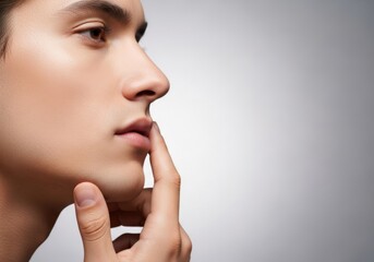 Closeup portrait of a young man touching his face with a thoughtful expression, isolated on white background