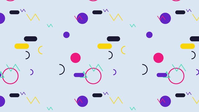 Dynamic colorful memphis style geometric shapes pattern animating with seamless looping motion background
