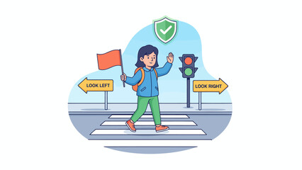 Cheerful child crossing a crosswalk beside signs in cartoon style.