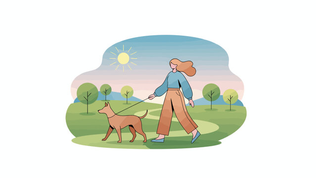 Human Walking Dog in Park Scene Illustration.