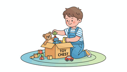 Fototapeta premium Young Boy Playing With Toy Chest And Toys.