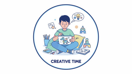 Fototapeta premium Young Child Drawing and Creative Time in Circle Logo.
