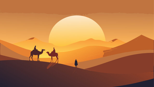 Travelers crossing desert at sunset