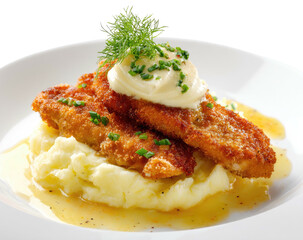 Breaded cutlet dish over mashed potatoes, topped with sauce & herbs on plate