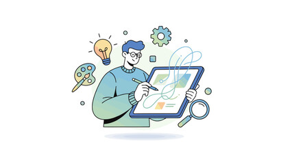 Man working on a computer with a vector illustration style graphic design software open on the screen in an office environment