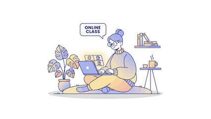 Obraz premium Person sitting on floor with laptop in a relaxed environment, a vector illustration