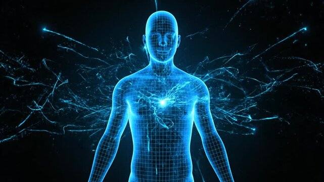 Futuristic human body scan with glowing blue grid and heart light