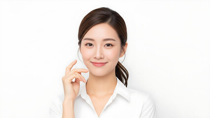 Smiling Asian Woman Touching Face on White Background &ndash; Clean Beauty and Skincare Concept