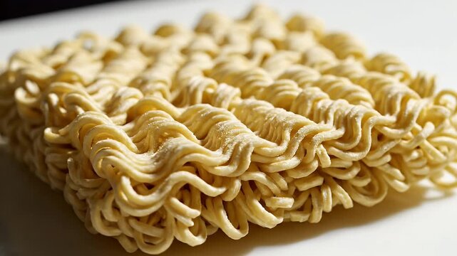 Close-up of dehydrated instant ramen noodles stack on white background for culinary purposes